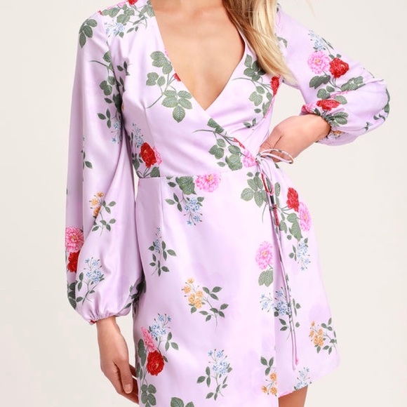 Lulus Dresses & Skirts - NWT 💜 LILAC FLORAL PRINT SILK WRAP DRESS